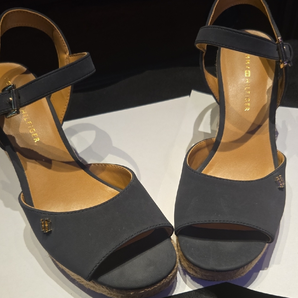 Tommy Hilfiger Black Espadrille Ankle-Strap Wedges
